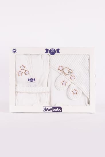 VaVbaby Kapüşonlu Pamuklu Unisex Bebek Bornoz Takımı Beyaz Kuzulu