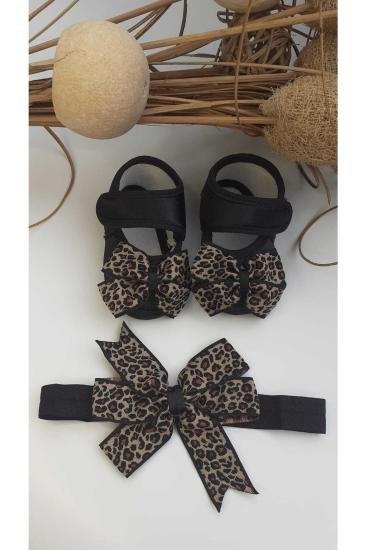 VaVbaby Liora Leopar Desenli Bandana ve Patik Takımı 0-6 ay Kız Bebek Organik ve Şık Yumuşak Taban Sevimli ve Rahat